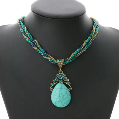 Bohemian Necklace Jewelry Fashion Popular Retro Bohemia Style Multilayer Beads Chain Crystal Gem Water Pendant Necklace