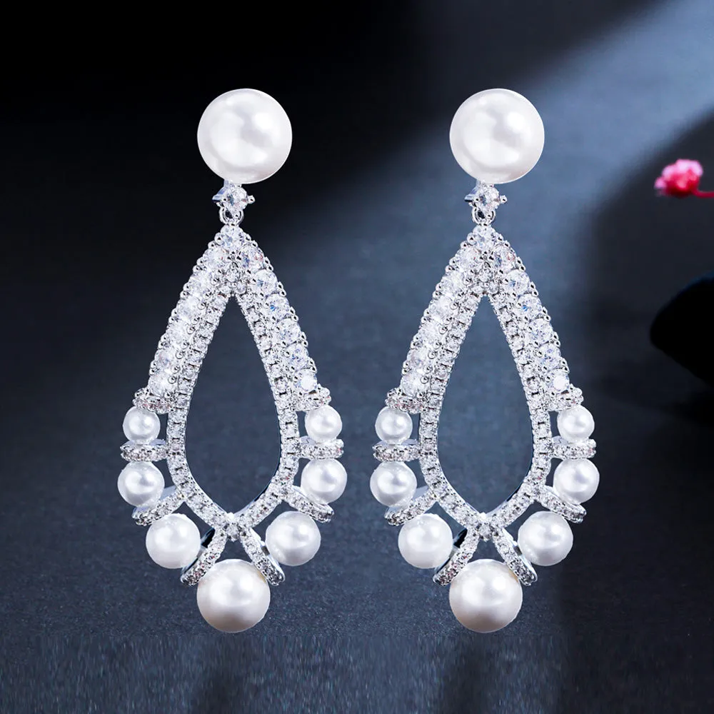 Elegance White Gold Cubic Zircon Long Dangle Drop Pearl Earrings