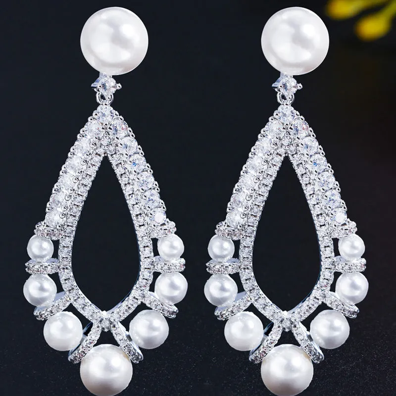 Elegance White Gold Cubic Zircon Long Dangle Drop Pearl Earrings