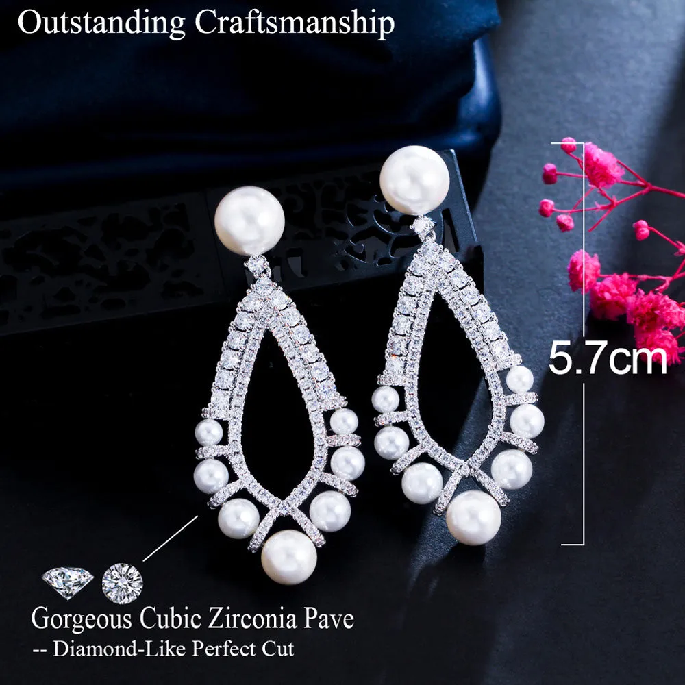 Elegance White Gold Cubic Zircon Long Dangle Drop Pearl Earrings