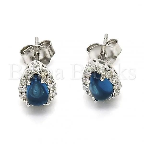 Sterling Silver 02.186.0025 Stud Earring, Teardrop Design, with White and Blue Topaz Cubic Zirconia, Polished Finish, Rhodium Tone