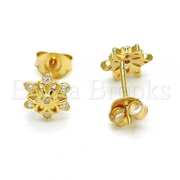 Sterling Silver 02.285.0048 Stud Earring, Flower Design, with White Cubic Zirconia, Polished Finish, Golden Tone