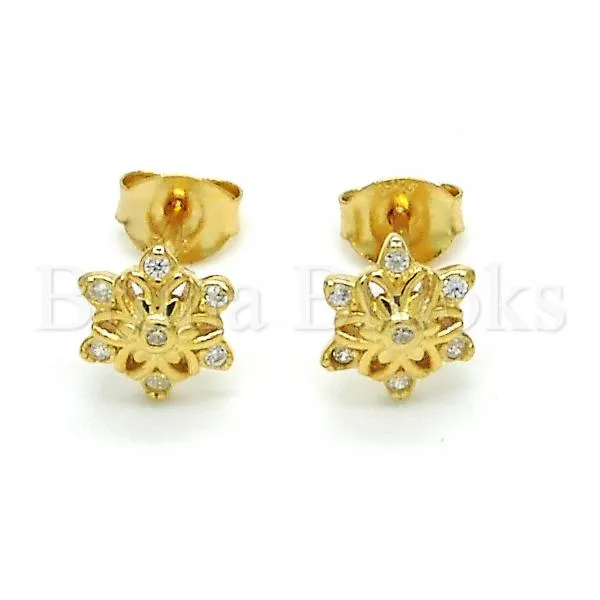 Sterling Silver 02.285.0048 Stud Earring, Flower Design, with White Cubic Zirconia, Polished Finish, Golden Tone